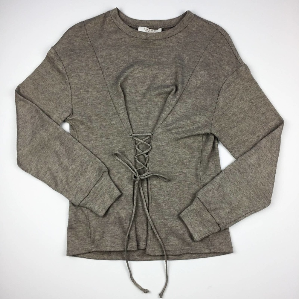 WAYF Corset Lace Up Light Brown Crew Neck Knit Top Size S